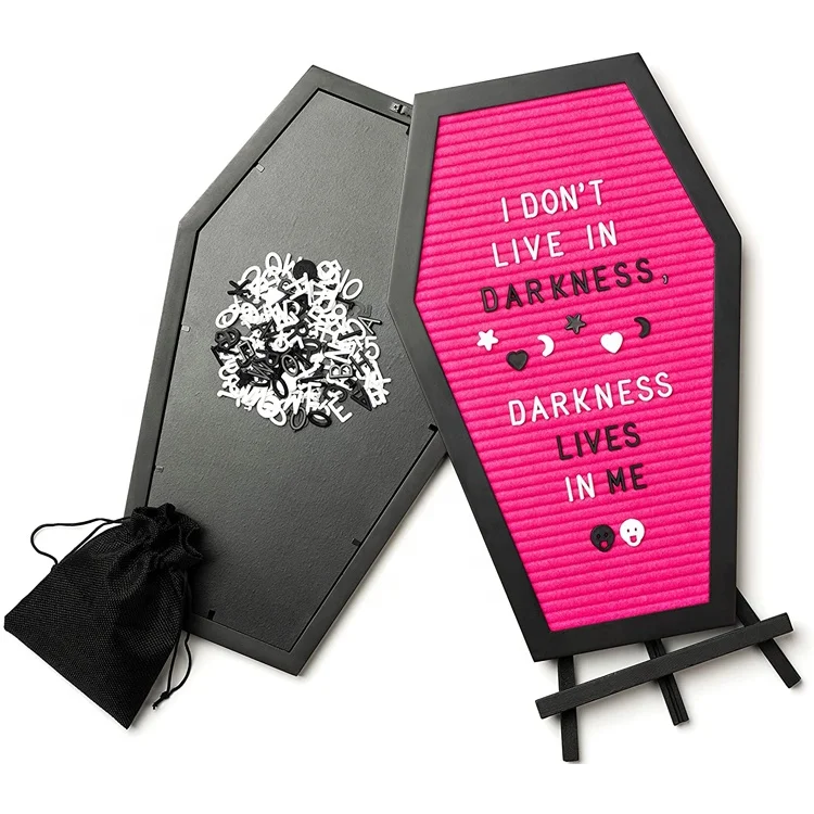 Black Felt Coffin Letter  Message Board for Halloween Decorations 17x10.5, 500 White Changeable Characters, Wooden Stand