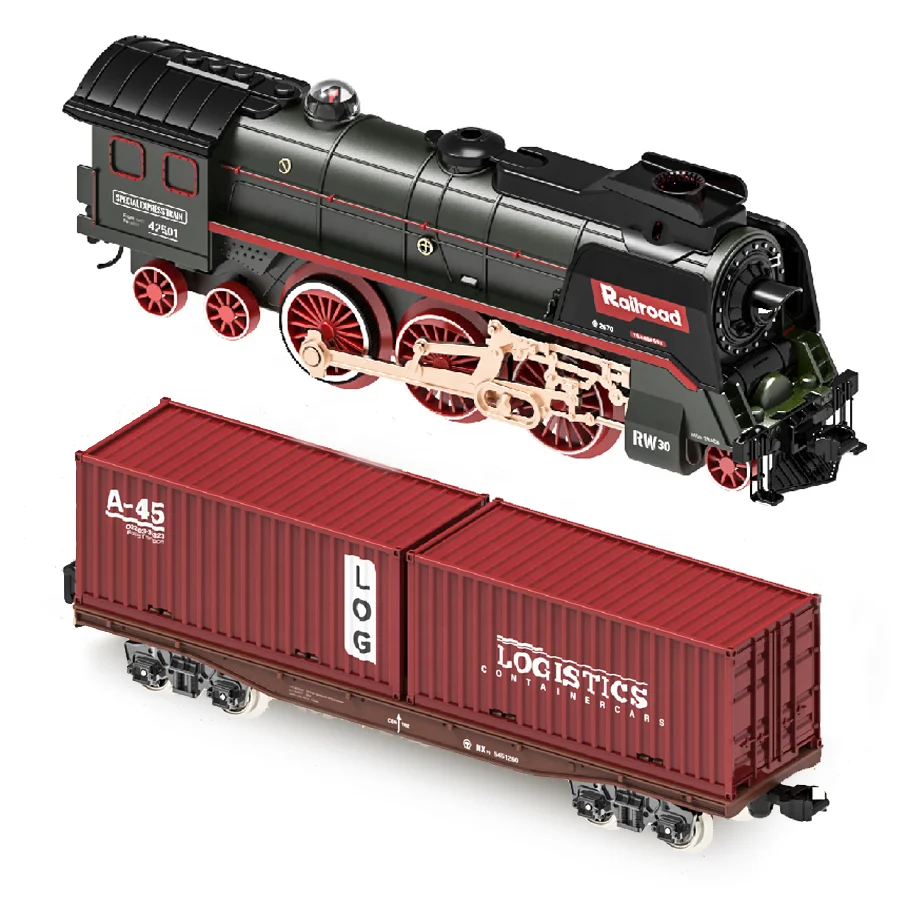 New Railway Toy Set Steam Locomotive Train Flatbed Transporter Container Shipping Train Toy Light Sound Kid Toys