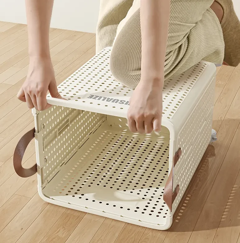 Slim Space-saving Dirty Clothes Laundry Hamper Modern Household Large Plastic Folding Laundry Basket with Wheels