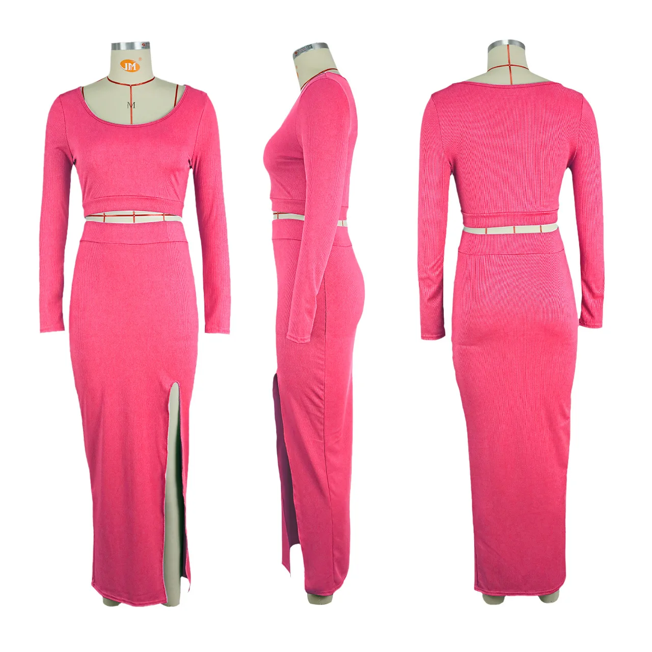 Latest Design Sexy High Split 2 Piece Set Women Dresses Causal Knit Crop Top And Skirt Set 2023 Two Piece Dress Set