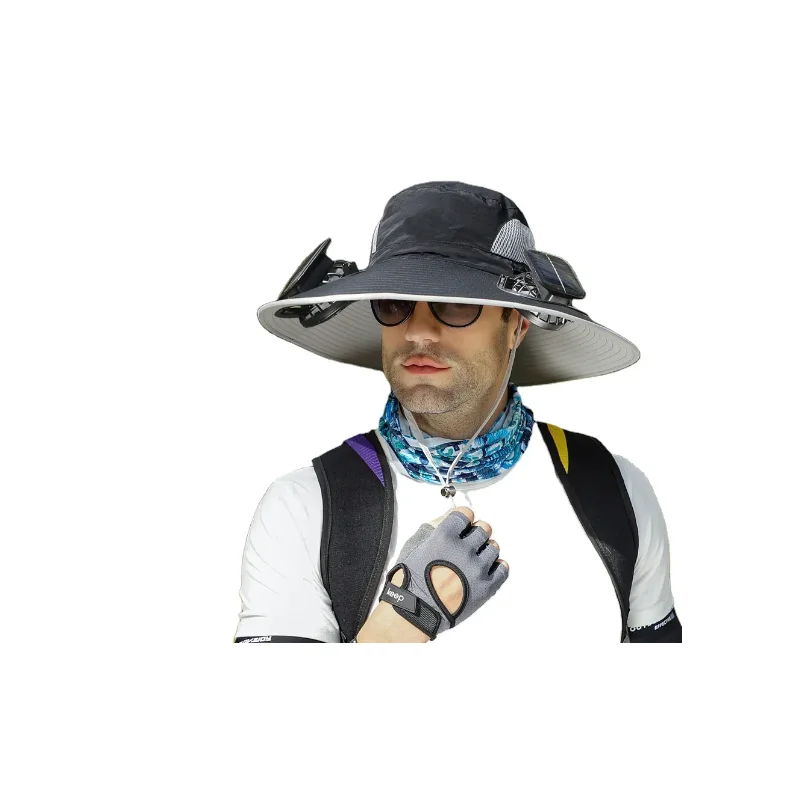 High Quality Outdoor Fishing Hiking Safari Travel Summer Upf50+ Wide Brim Sunscreen Sun Hat With Dual Solar Charging Fan