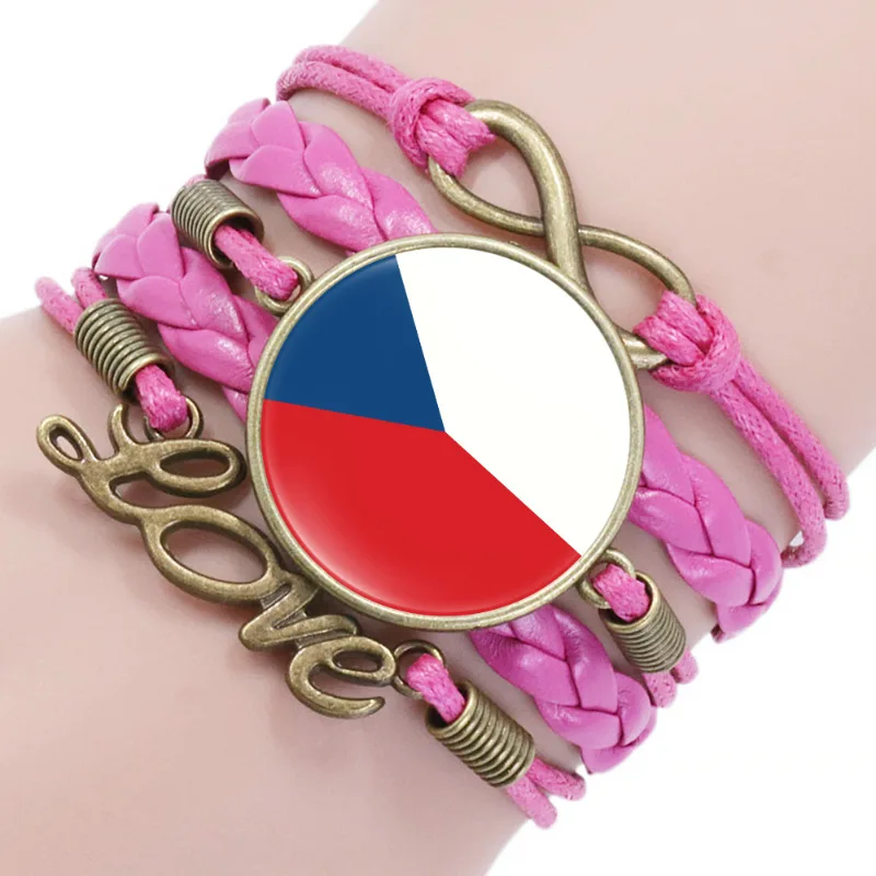 Manufacturer European National Country Flag Design Infinity Love Pink Leather Wrap Bracelet