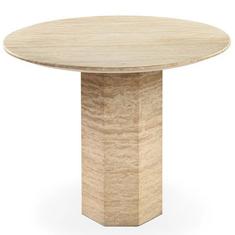 Landiview Dining Room Stone Furniture Round Beige Travertine Dining Table with Hexagon Base