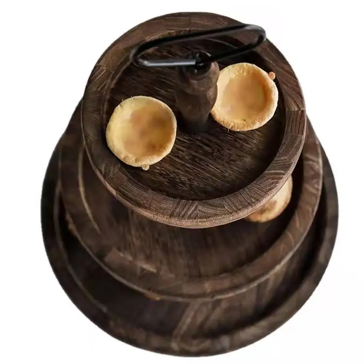 Wholesale customized 2 ply or 3 ply ply acacia wood round tray Crown iron frame Used for home decoration display farmhouse count