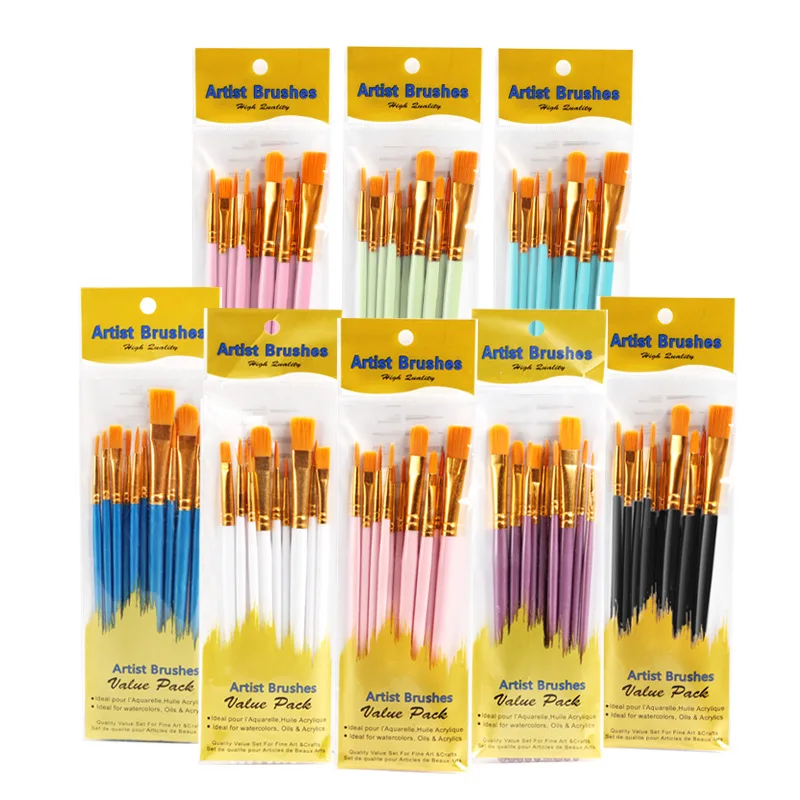 Panwenbo Wholesale Watercolor Acrylic Oil Painting Brush Painting 10pcs Paint Brush Set With Nylon Hair Plastic Handle