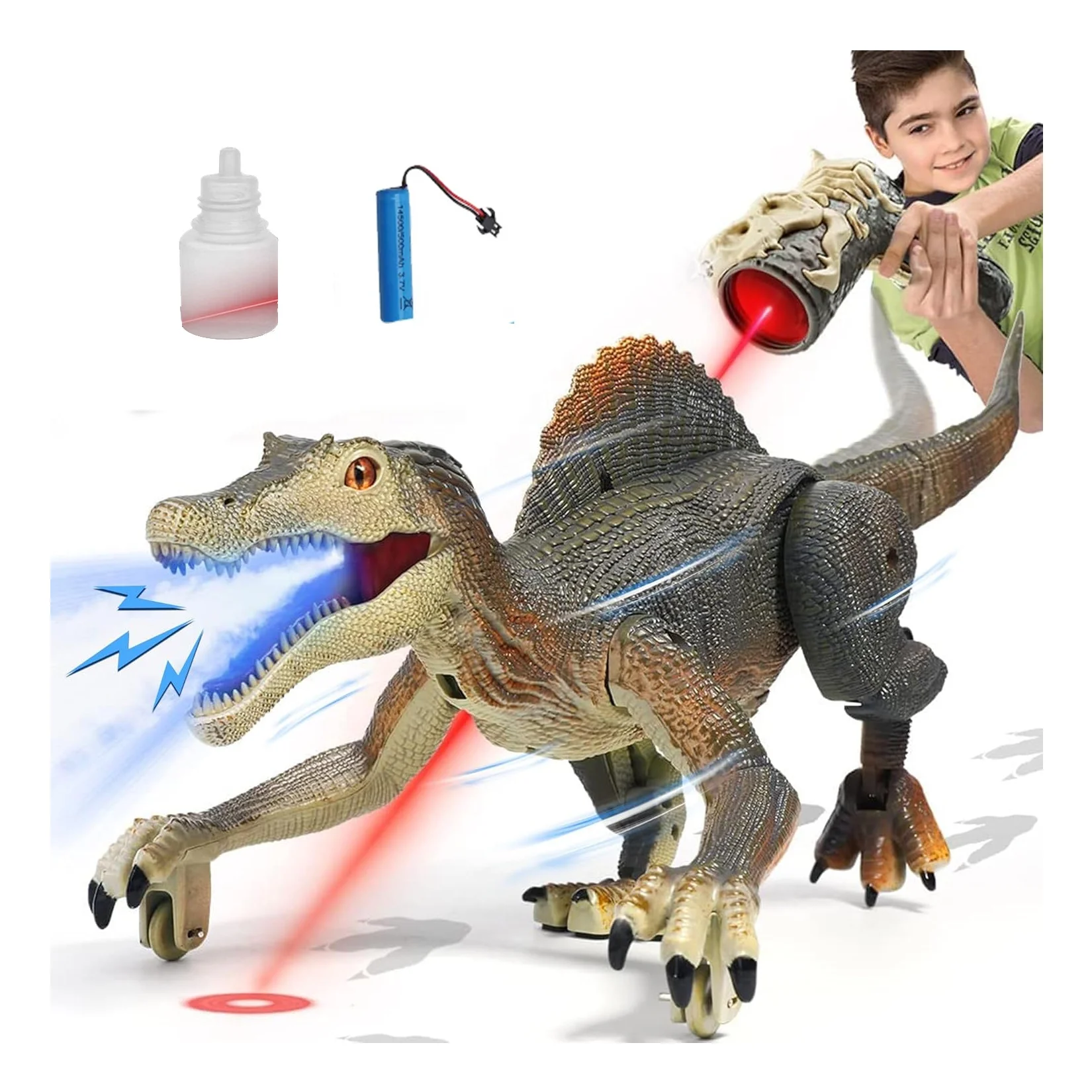 KK New 2 in 1 Light Chasing Remote Control Spinosaurus Toy Walking Robot Dinosaur Best RC Toys With Lighting Music & Mist Spray