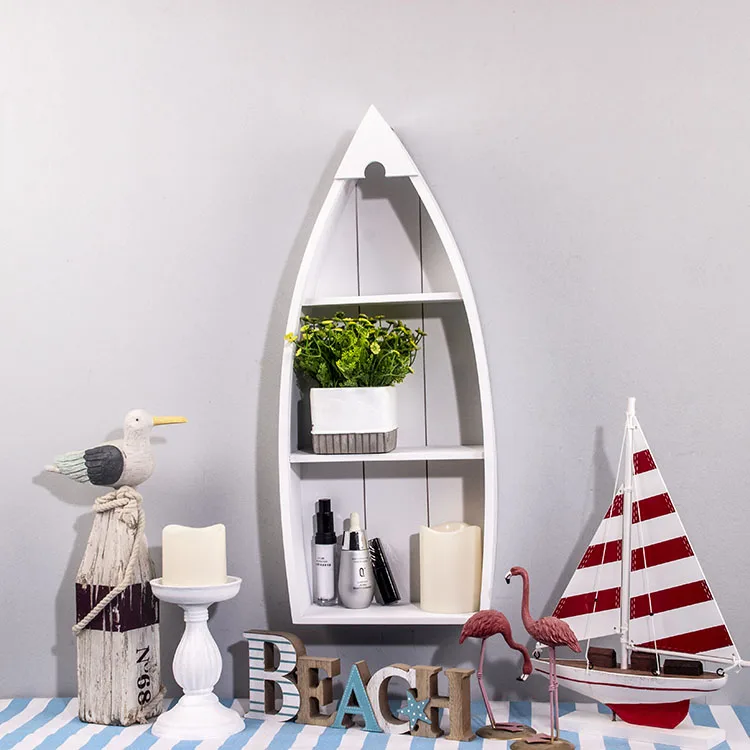 Beach Wall Hanging Decor Pure White Wood Standing Boat Display Collection Shelves
