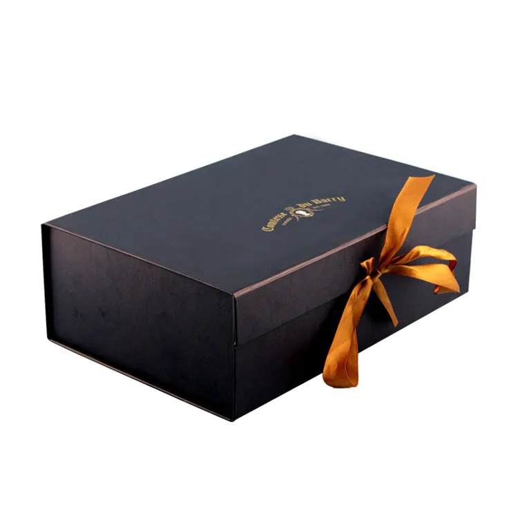 Wholesale rigid ribbon luxury black folding magnetic cardboard custom logo printed gift packaging paper box