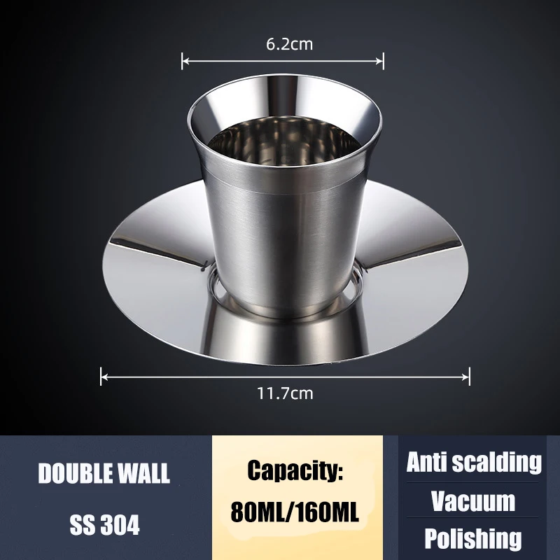 custom wholesale Stainless steel double wall espresso cups for coffee sets lungo espresso mug 80ml 160ml