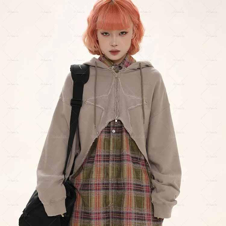 2022 Y2K Outfit Hippie Korean Style Clothes Women Crop Star Top Zip Up Hoodie Short Pullover Zipper Patchwork Hooded Sweatshirts