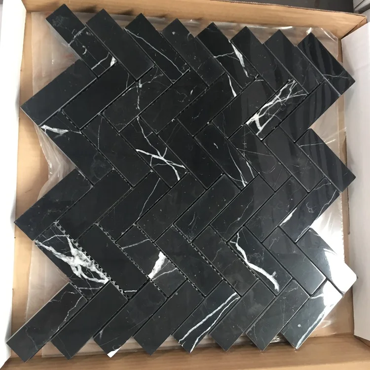 Modern China Black Marquina marble Herringbone shape mosaic tiles for floor and wall