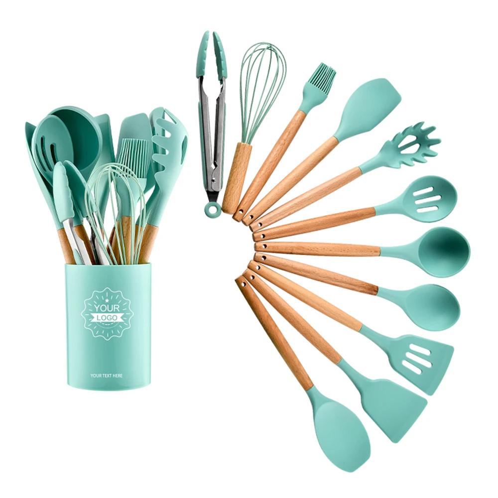 Smartpan Оптовая партия из 12 шт. кухонные аксессуары инструменты для приготовления пищи пищевого силикона кухонная утварь набор барбекю с деревянными ручками