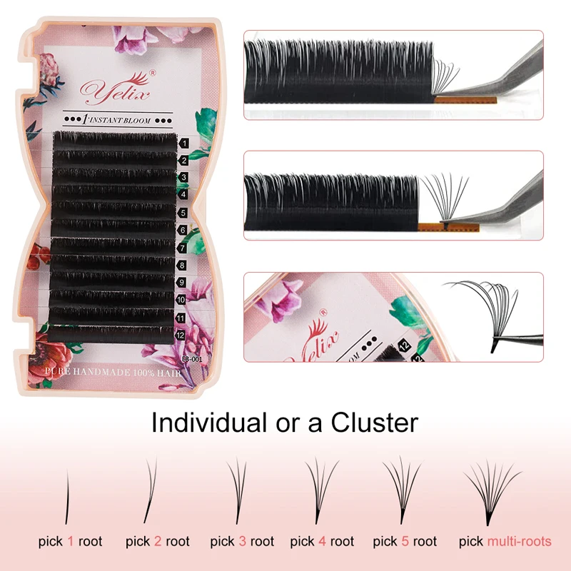 Yelix Private Label 0.03/0.05/0.07mm Mega Russian Volume Camellia Auto Fan Lashes Blooming Easy Fanning Eyelash Extensions