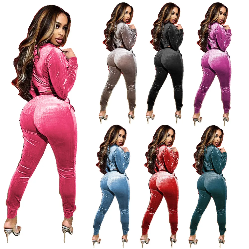 OEM Custom Logo Solid Plain Long Sleeve Full Zip Up Sweater Hoodies Jogers Set Velour Tracksuit Two Piece Set Women Clothing