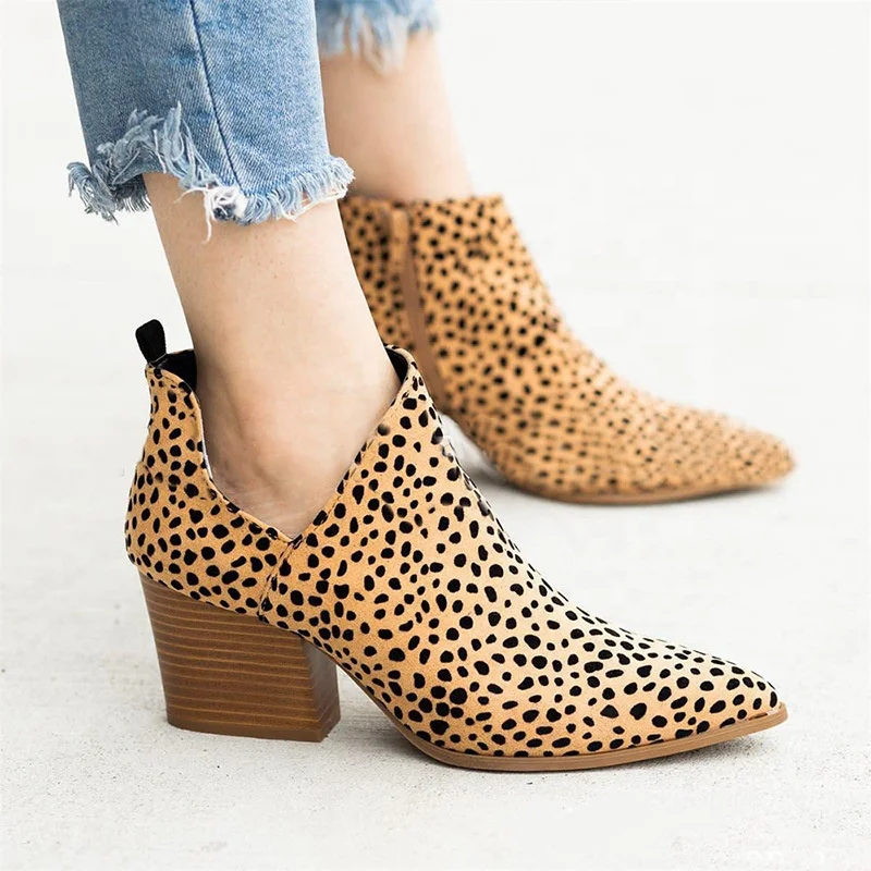 Women New Comfortable Snake Leopard Print Thick Heel Boots Pointed Boots