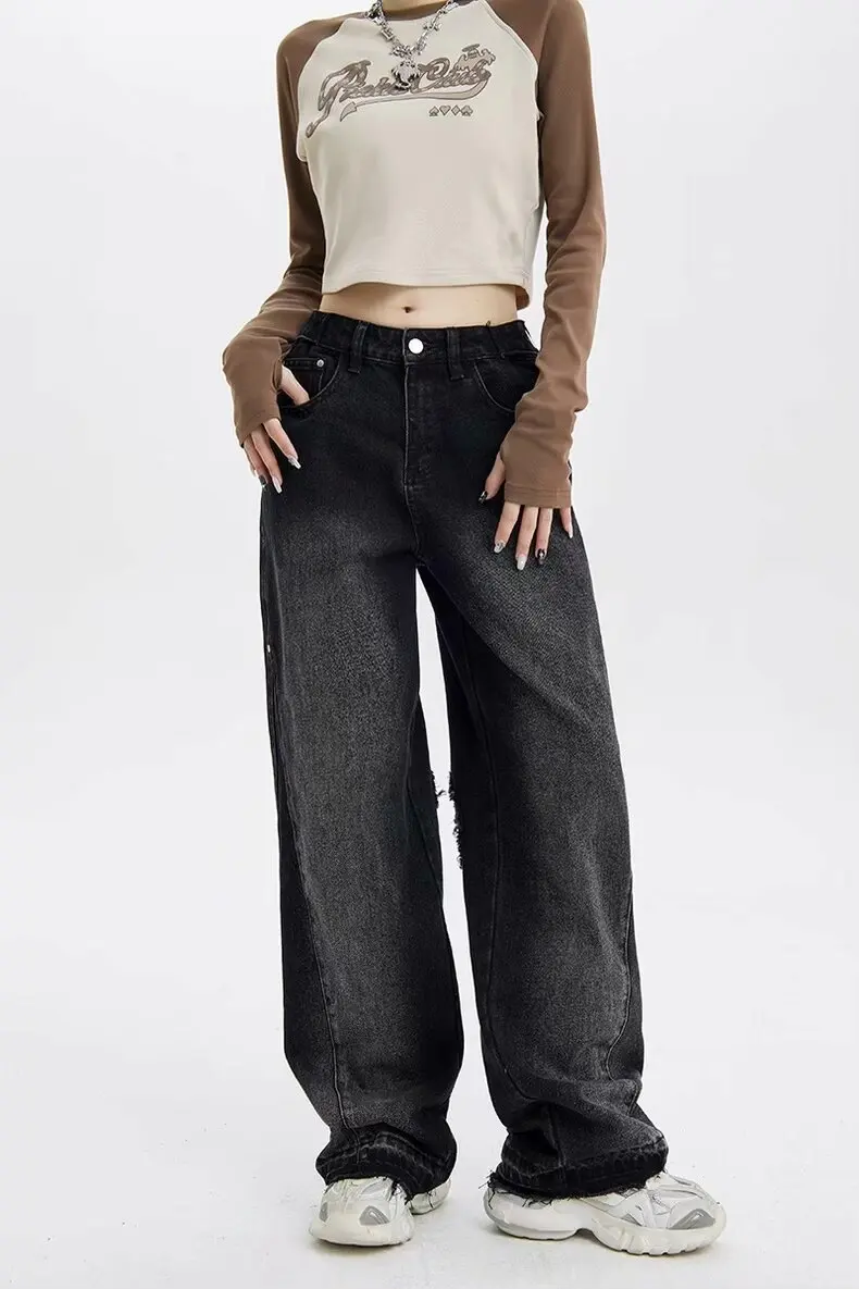 Streetwear Mans Washed Baggy Jeans Back Bat Embroidery Patches Sun Fade Denim Pants For Women