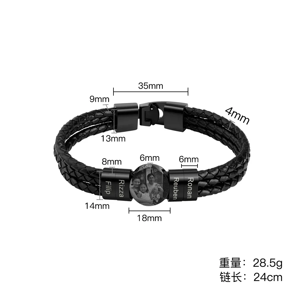 Triple Leather Braided Bracelet with Stainless Steel Family Photo Round Charm Bracelet for men | Blank or Custom Logo with Laser