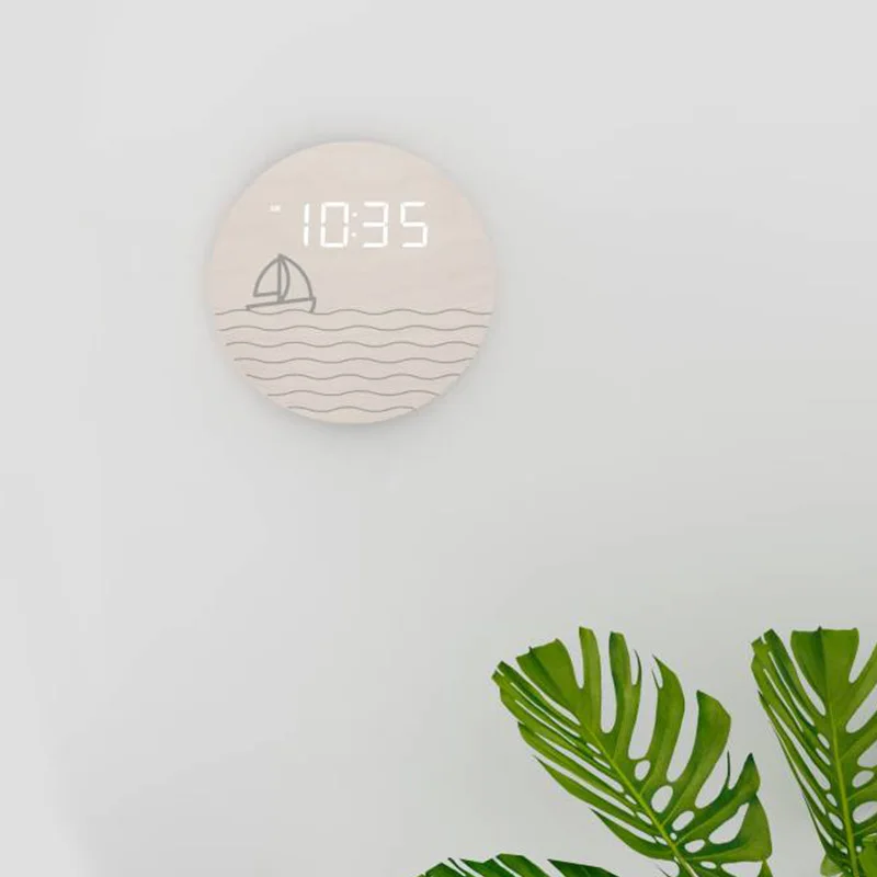 EMAF custom pattern digital wood LED wall clock 12/24h auto dimming large digit wooden led wall clock home decorative wall clock