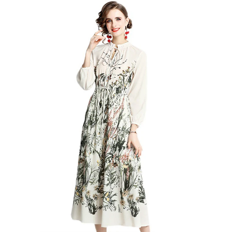 Elegant temperament pleated lace-up round neck printing long-sleeved lantern sleeves waist A-line long one-piece dress