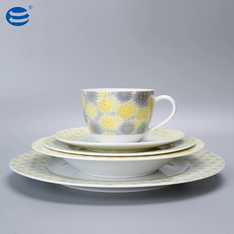 Yellow Daisy Pattern Modern Ceramic Plate Cup Dinner Sets for Restaurant Event Party Wedding Porcelain Dinnerware Set