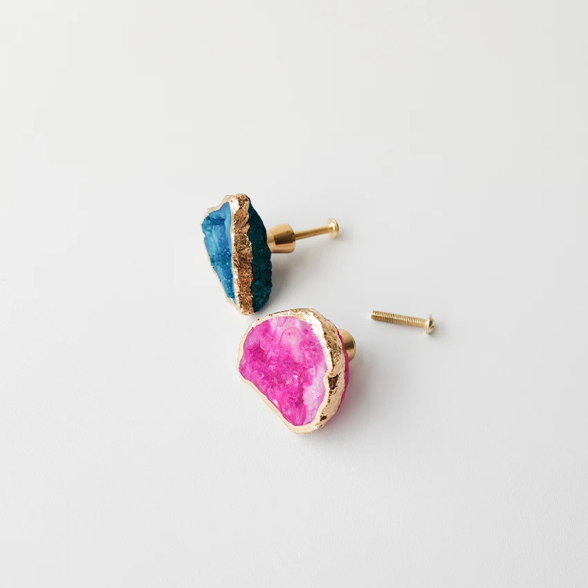 Natural Agate Crystal Geode Knobs Unique Colorful Stone Handle Pulls Thread Brass Small for Door Drawer Bedroom Cabinet