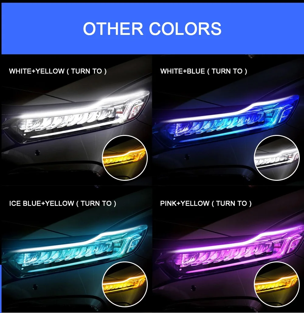 Универсальные автомобильные гибкие светодиодные дневные ходовые огни DRL указатели поворота фары водонепроницаемые 30 см 45 60 белые красные желтые синие