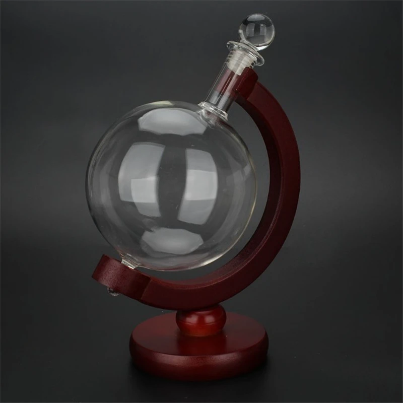 Custom Whiskey wine Decanter globe and glass Etched Globe whiskey decanter set with Wooden Base