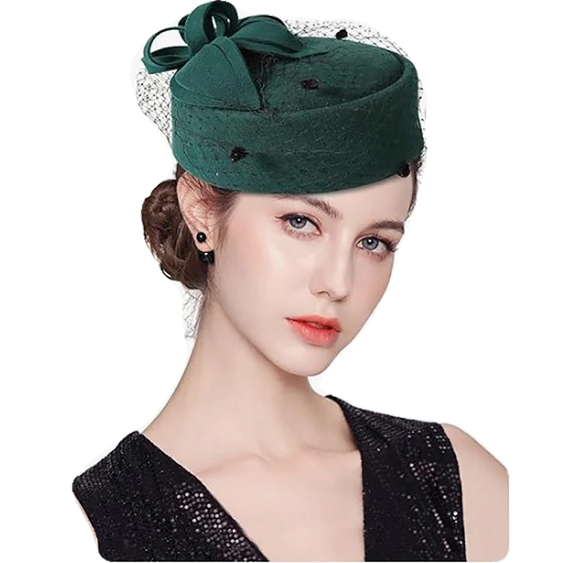 2024 NEW Wool Fascinator Hat Winter lime green Wool Felt Pillbox Hat for Women Wedding Church Hat Veil Bowknot Fedoras