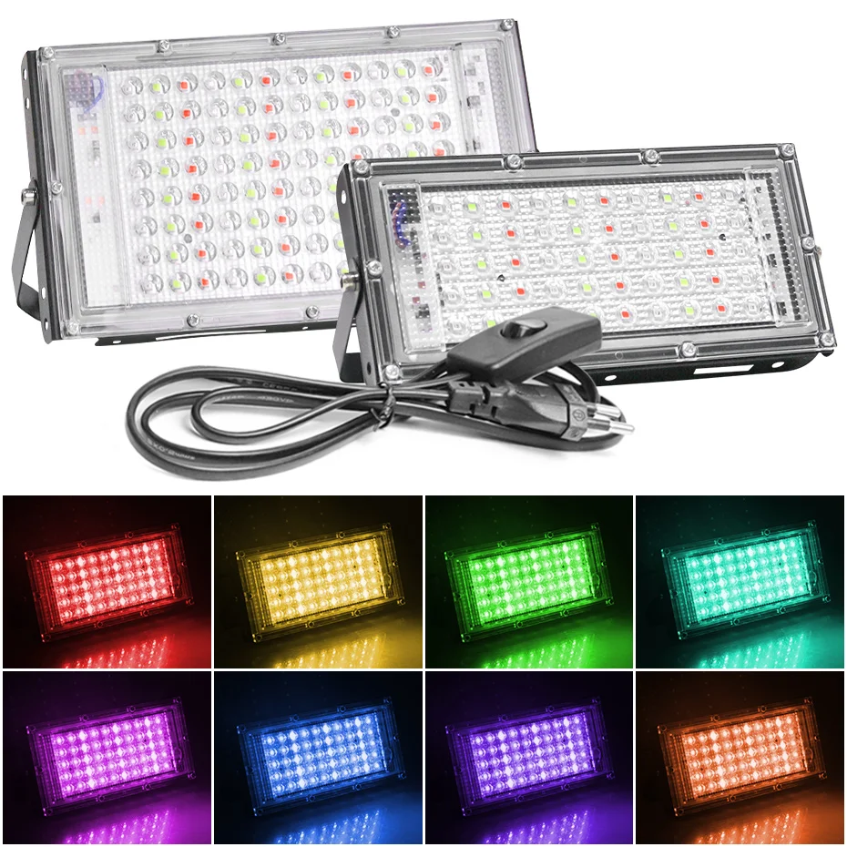 LED Flood Light 50W 100W LED Floodlight RGB White Spotlight AC110V 220V LED Street Lamp Landscape Lighting Remote Control Plug