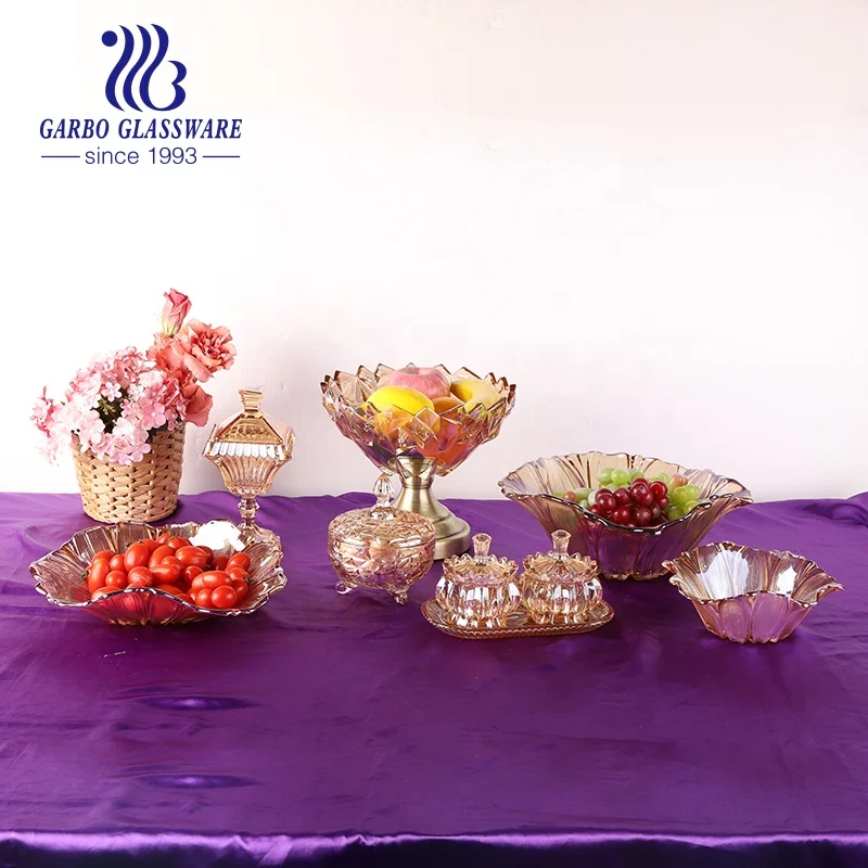 Ion plating amber glass sugar candy pot with lid India Indonesia hot selling table decoration delicate glass candy storage jar