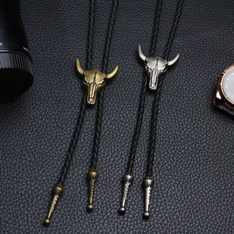 Punk Cowboy Animal Style Adjustable Leather Bolo Bull Head Pendant Necklace for Men