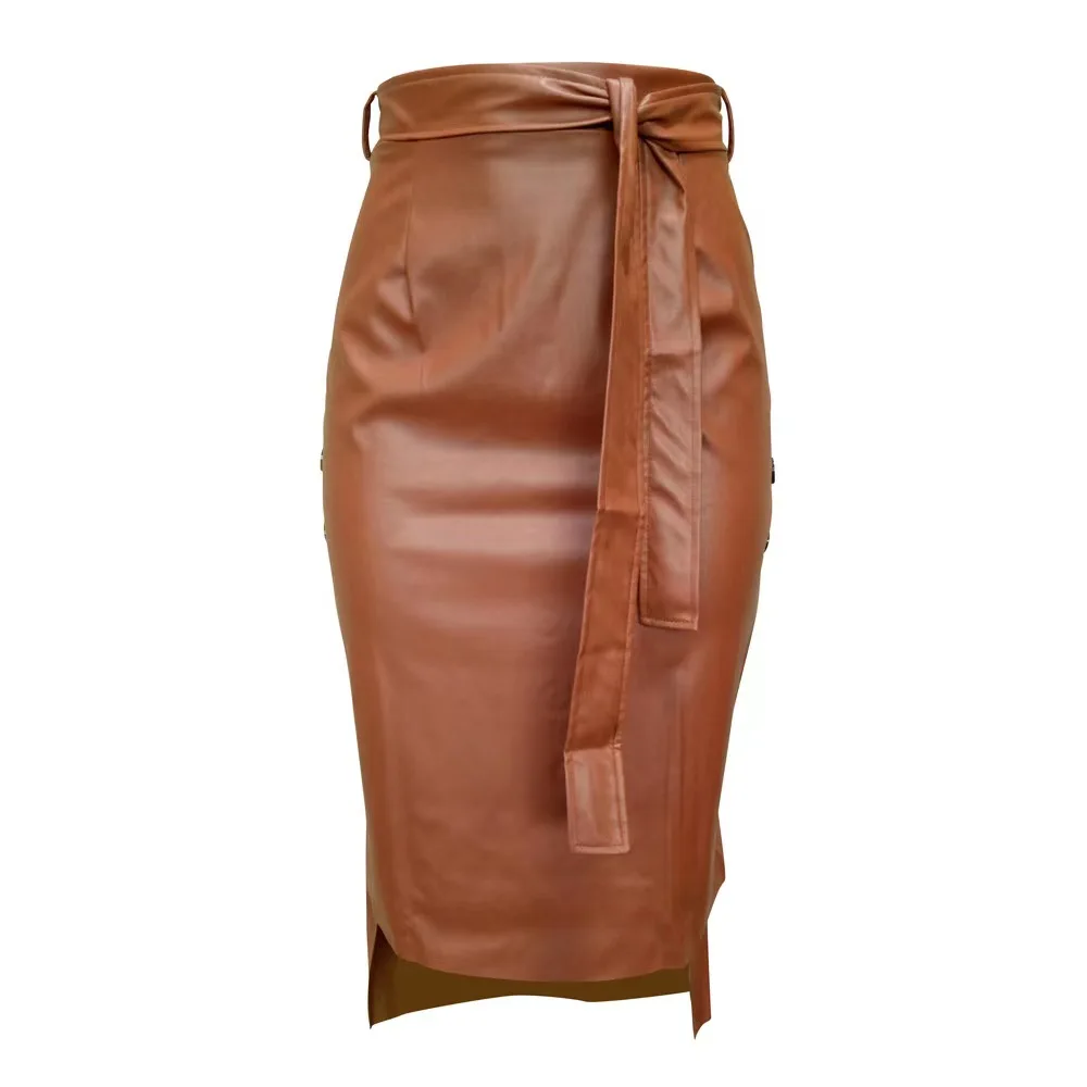 JL9801 Fashion Women PU Skirt Leather Skirt Office Wear Lady Brown PU Skirt
