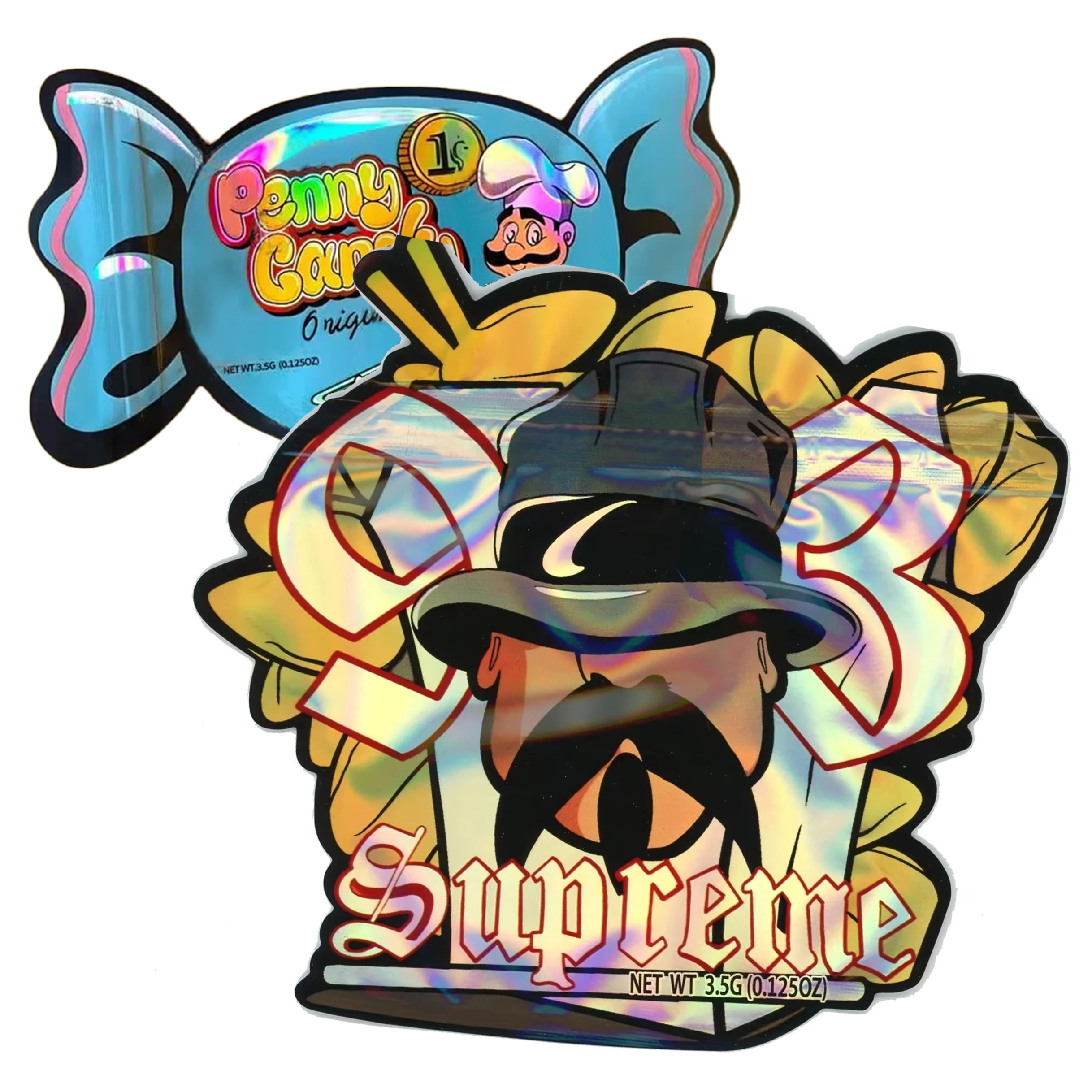 Customizable Printed Soft Touch Childproof Smell Proof Holographic 3.5 Gram Irregular Special Shape Gummies Die Cut Mylar Bag