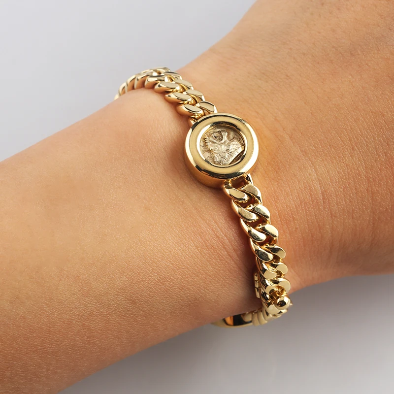 Custom Superior Jewelry Silver 925 Chain Cuban Charms for Bracelets with Gold Plated Coin for Men Gold Cuban Link Chain bracelet