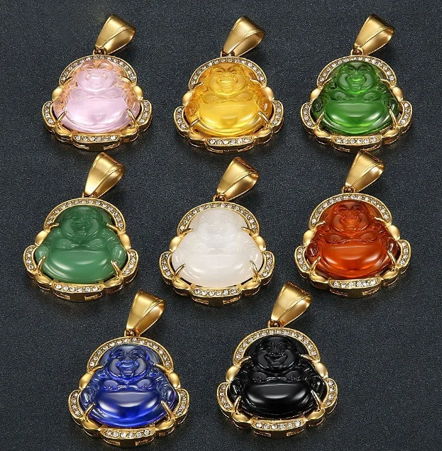 2022 Dina New Arrival 18K Gold Filled Glazed Stone Chalcedony Maitreya Buddha Pendant Stainless Steel Jewelry