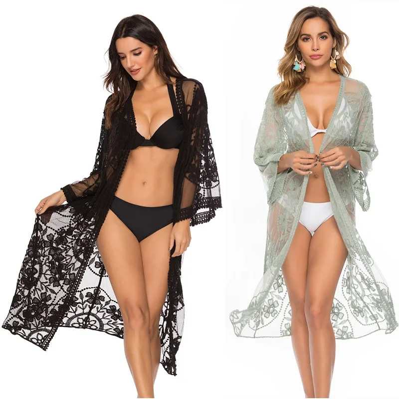 customized Womens sexy Sunscreen Crochet beach dress Robe Cardigan on the outside Bikini Lace embroidery  cover up beach dress