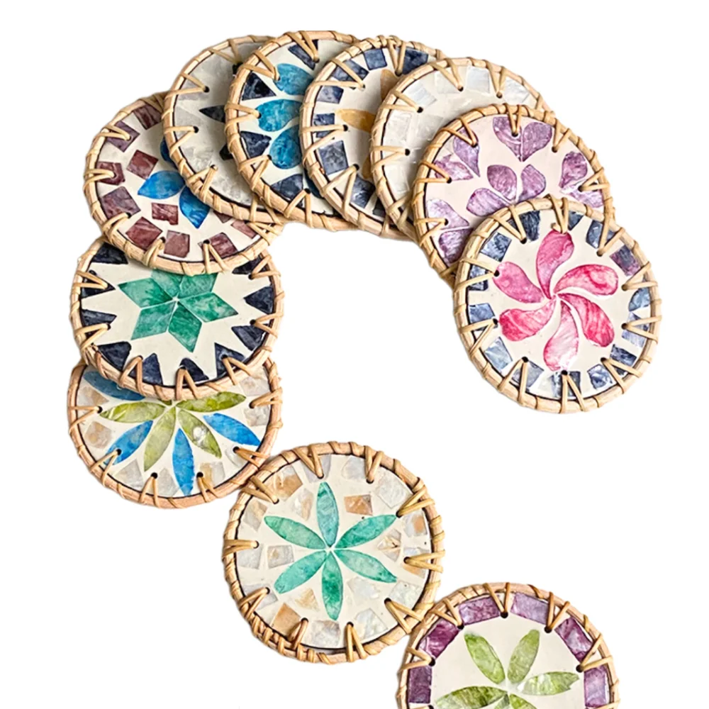 Decorative Mother Of Pearl & Rattan Coaster Set For Party Decoration Best Selling With High Quality