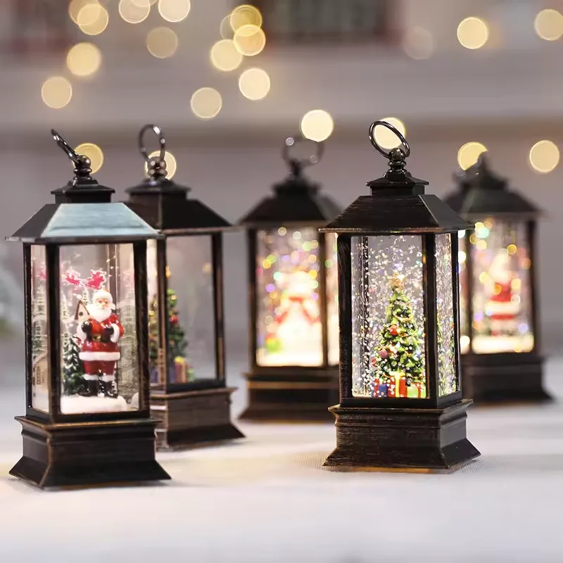 Christmas Snow Globe Light Quadrate Glitter Lantern Lamp Water Lantern Indoor Decoration Table Top Light Christmas Decor Battery