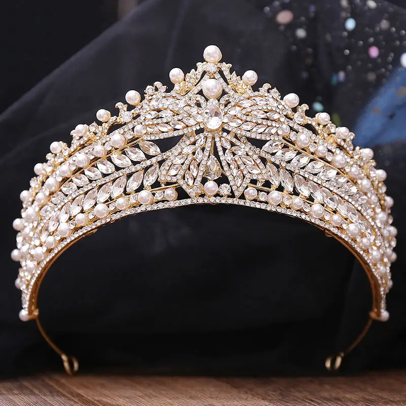 Korea Handmade Pearl Wed Accessoire Femme Crystal Diadem For Queen Pageant Crown Luxury Rhinestone Baroque Bridal Crown Couronne
