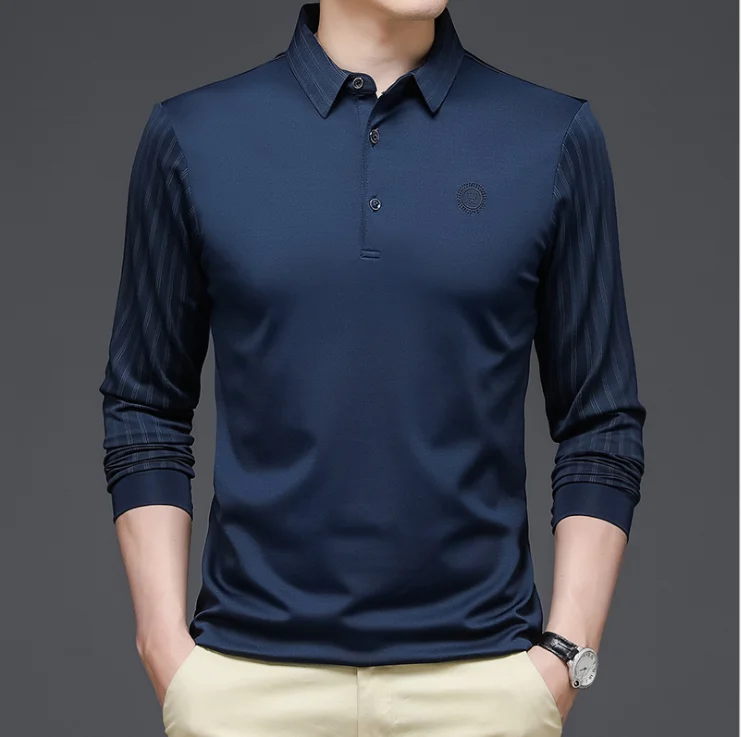 2021 Hot Sale Autumn Long Sleeve Lapel Black And Dark Blue Polo Neckline Men T Shirt