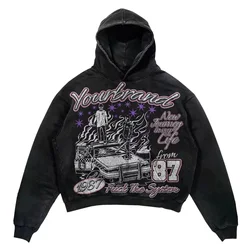 480gsm Custom graphic pattern vintage acid wash tight leg sweat pants and hoodie 2 piece set tracksuit sweat track suit men