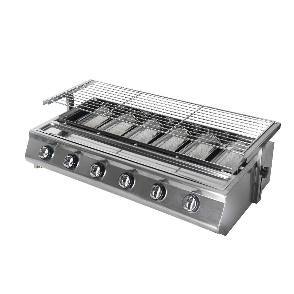 Gzkitchen коммерческих 6 горелки сжиженного газа барбекю Пикник плита из нержавеющей стали крышка непригорающий бездымный противень для дома и сада вечеринок