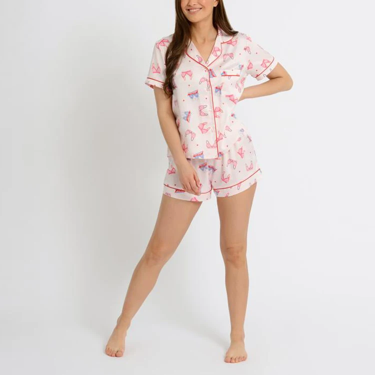 Summer lingerie ice silk pajamas set pink shirt bra print satin sleepwear 2pieces nightwear for women lounge wear