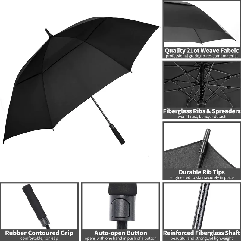 Promotional Luxury Umbrella Custom Logo Fiberglass Stick Guarda Chuva Auto Open Extra Large Customised Windproof Golf Umbrella