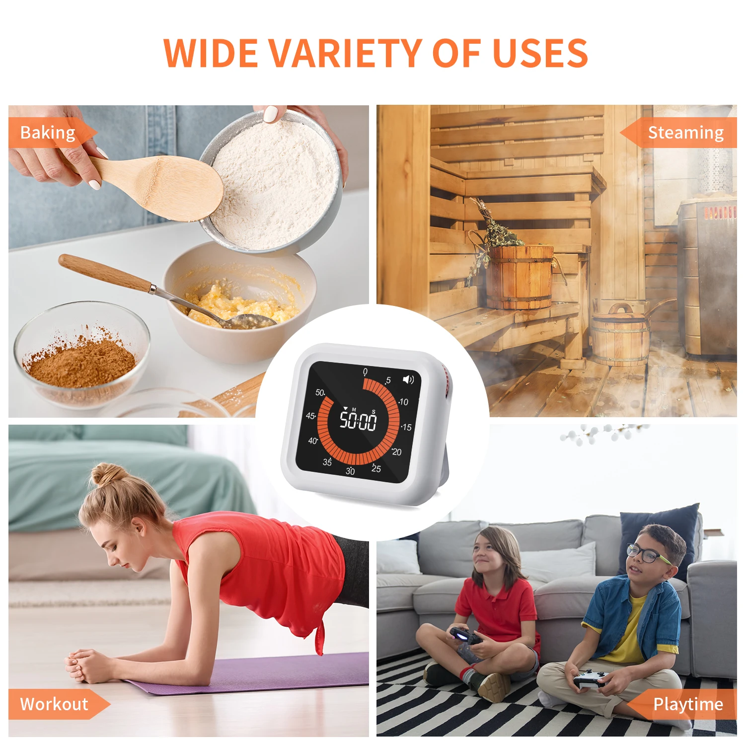 Digital Countdown Timer Silent 3 Reminders Adjustable Brightness Cooking Stand Magnetic Back Visual Timer