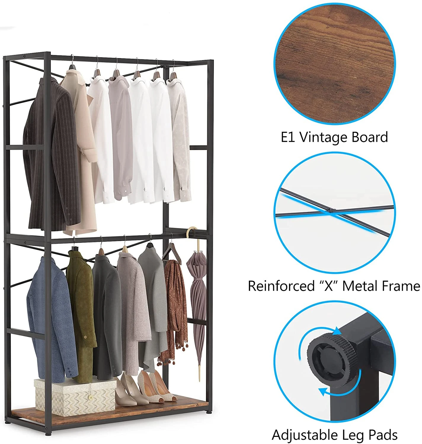 Free-standing Closet Organizer Double Hanging Rod Clothes Garment Rack Large Wardrobe Clothing Storage Closet System