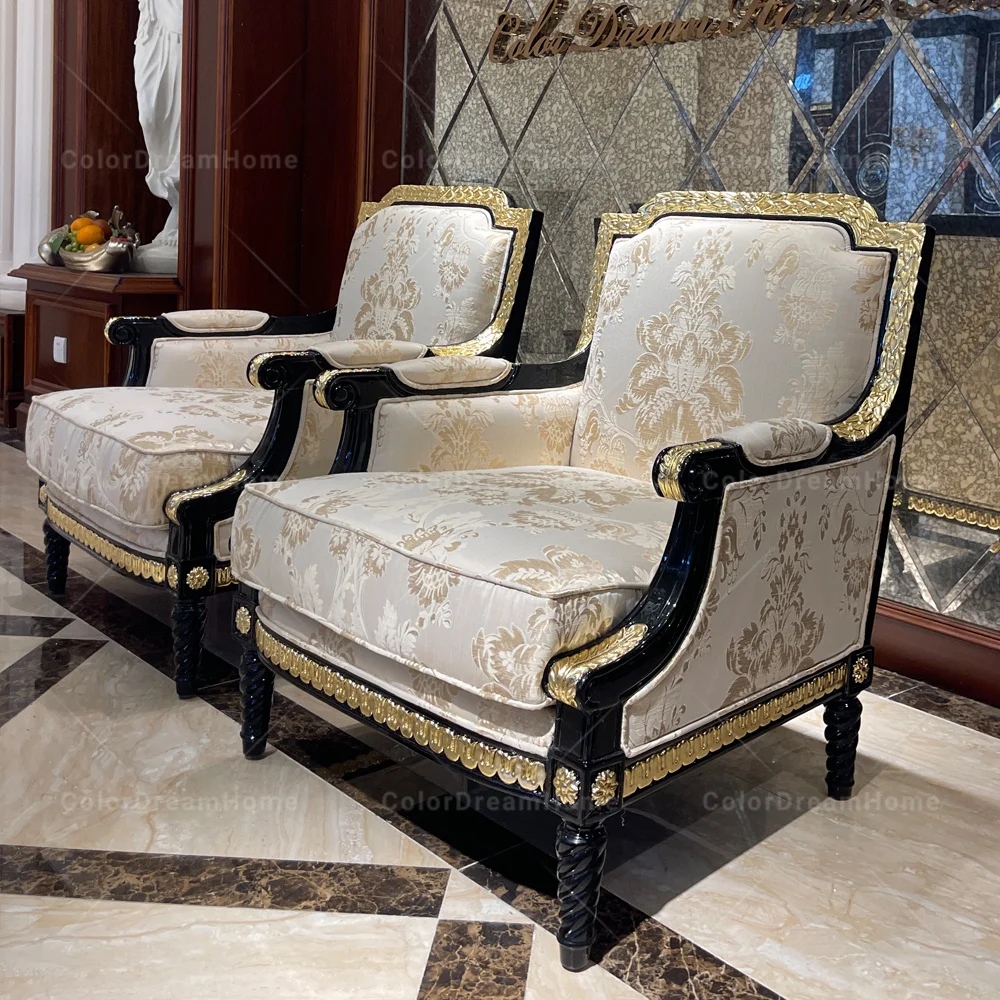Antique Design Upholstered Accent Chair Classical Luxury Living Room Single Sofa Chair Wood French Style Chairs