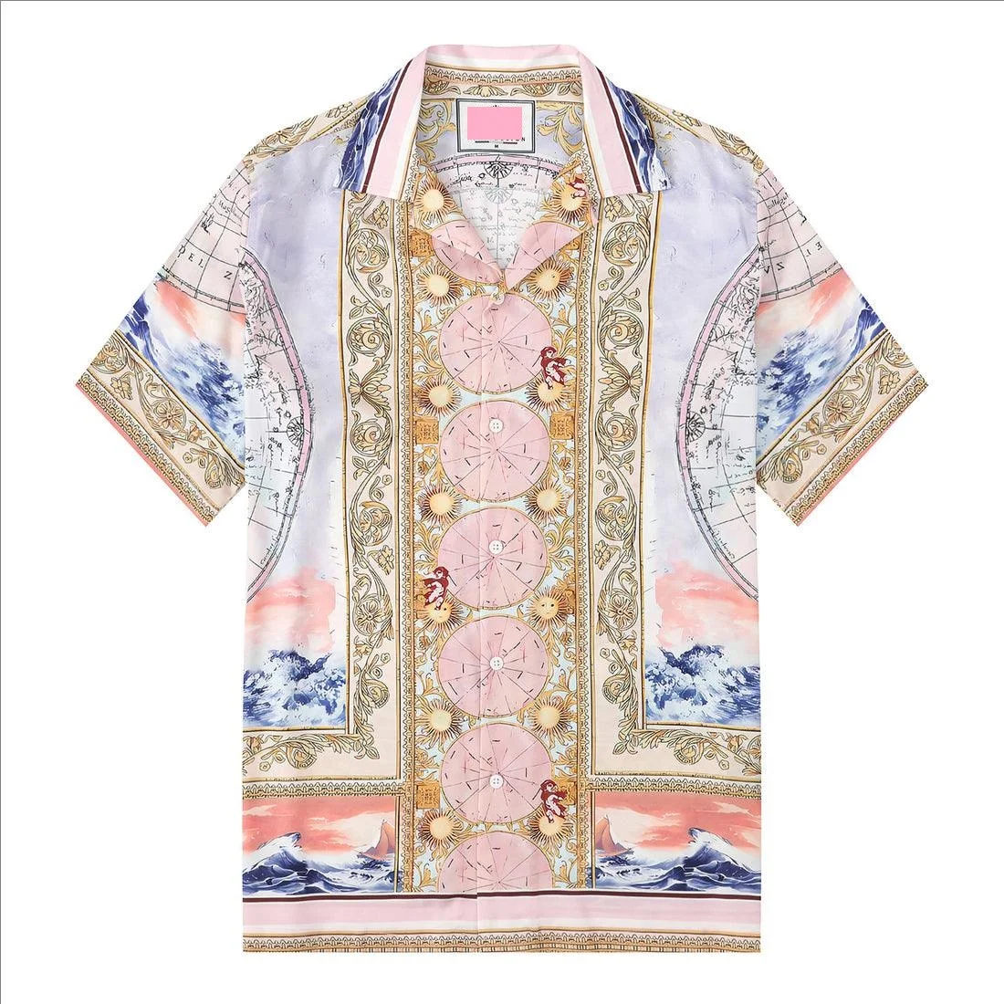 High Quality Fashion Pure Silk Printed Shirts Baroque Globe Pattern Print Short Sleeve Casual Shirts For Men