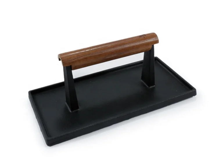Cast Iron Grill Press, Steak Weight Bacon Press with Wood Handle Pre-Seasoned Rectangular Barbecue BBQ Hamburger