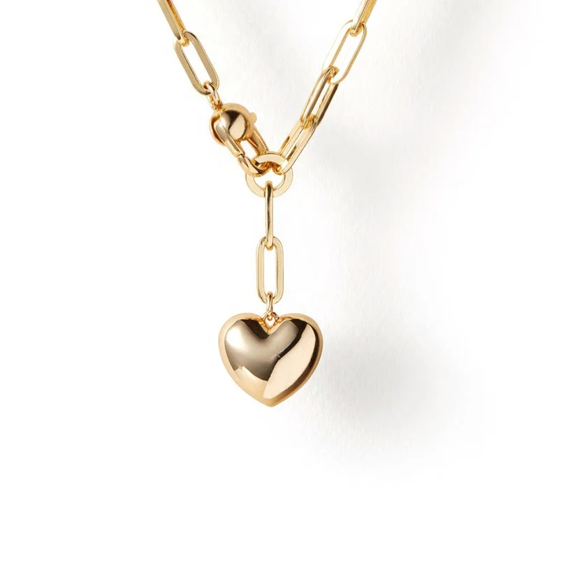 Gemnel 2024 chunky papperclip chain fashion jewelry gold plated brass puffy heart drop pendant necklace